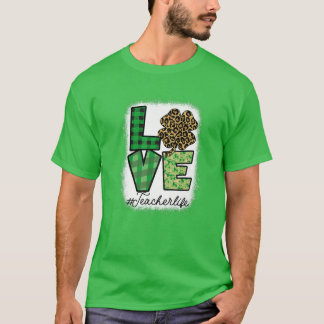 Camiseta St Patricks Teacher Messy Bun Leopard Bleached Iri