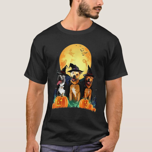 Camiseta Staffordshire Bull Terrier Witch Pumpkin Halloween (Frente)