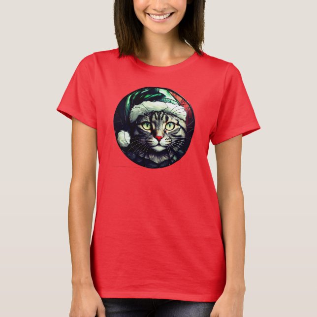 Camiseta Stained-Glass Christmas Grey Tabby In Green Hat (Frente)