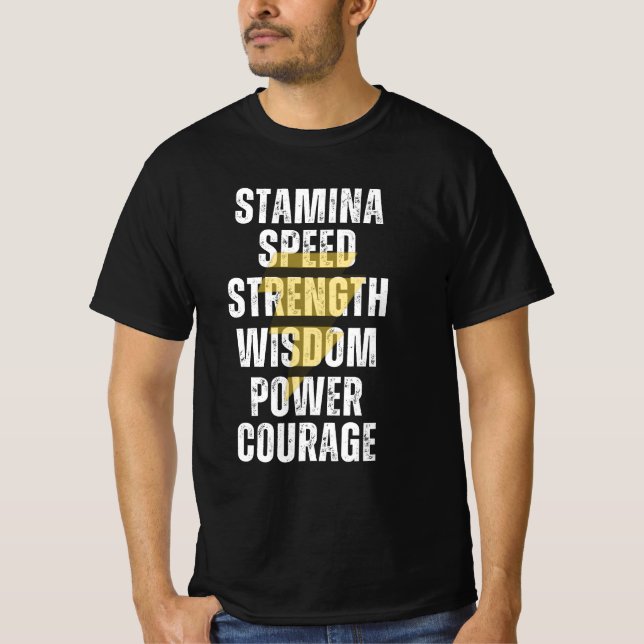 CAMISETA STAMINA, VELOCIDADE, FORÇA, SABEDORIA, PODER, CORA (Frente)