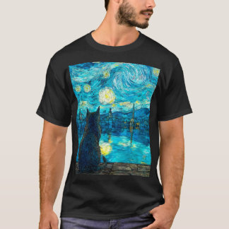 Camiseta Starry Night Cat Art – Van Gogh Style Night