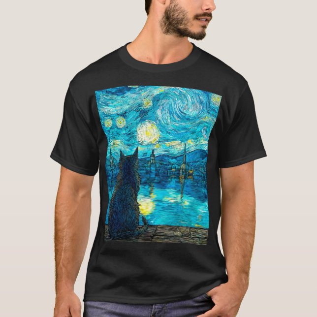 Camiseta Starry Night Cat Art – Van Gogh Style Night  (Frente)