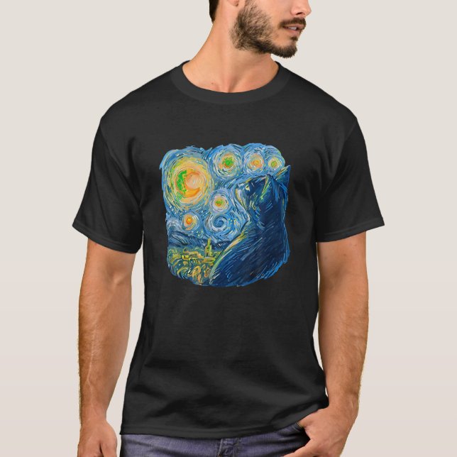 Camiseta Starry Night Cat van Gogh Famoso Pintura T Shirt (Frente)