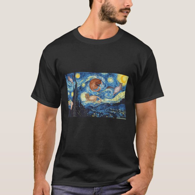 Camiseta Starry Night Cats Van Gogh - Familiar Pintura Cat  (Frente)