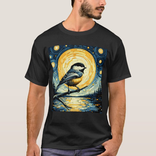 Camiseta Starry Night Chickadee Van Gogh Bird Lover (Frente)