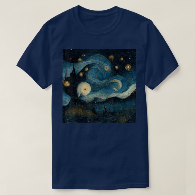 Camiseta Starry Night mied com Hieronymus Bosch (Frente do Design)