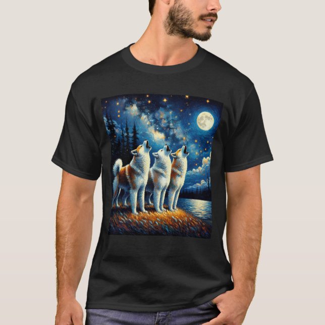 Camiseta Starry Night Three Akita Howling no Moon Dog Lover (Frente)