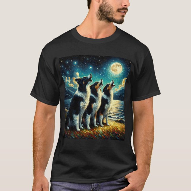 Camiseta Starry Night Three Border Collies Howing na Lua (Frente)