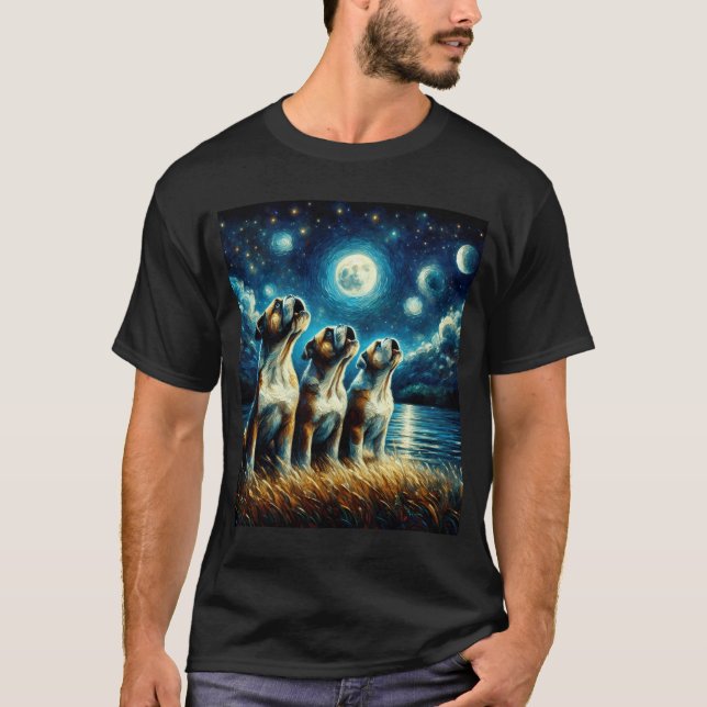 Camiseta Starry Night Three Bulldog Howing at Moon Dog (Frente)