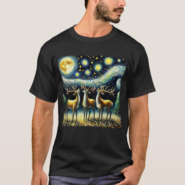 Camiseta Starry Night Three Deers Howling em Moon Van Gogh (Frente)