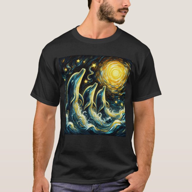 Camiseta Starry Night Three Dolphins Howling na Lua (Frente)