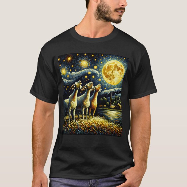 Camiseta Starry Night Three Goat Howling na Fazenda da Lua (Frente)