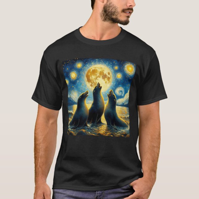 Camiseta Starry Night Three Seals Howing at Moon Van Gogh (Frente)