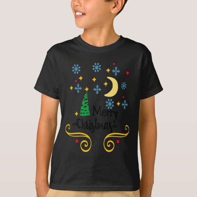 Camiseta Stars Moon Snowflakes And Merry Christmas Kids  (Frente)