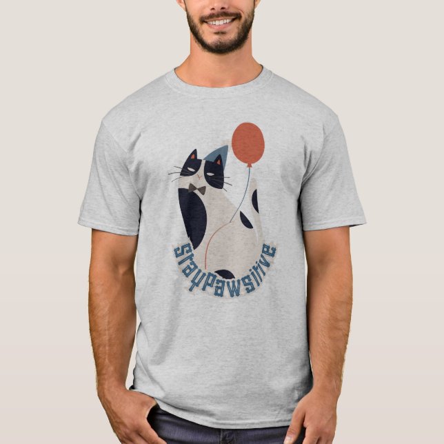 Camiseta Stay Pawsitive Cute Tuxedo Cat Grey Party Tee (Frente)