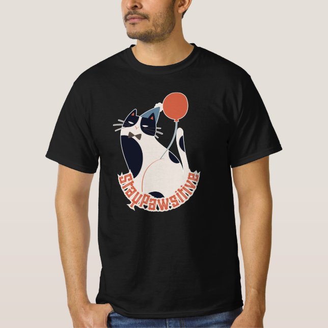 Camiseta Stay Pawsitive Tuxedo Cat Birthday Party Grey  (Frente)