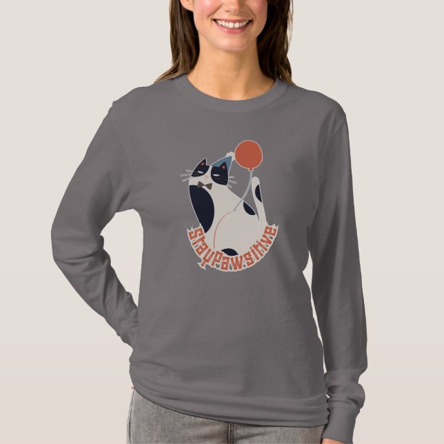 Camiseta Stay Pawsitive Women's Long Sleeve Tuxedo Cat (Frente)