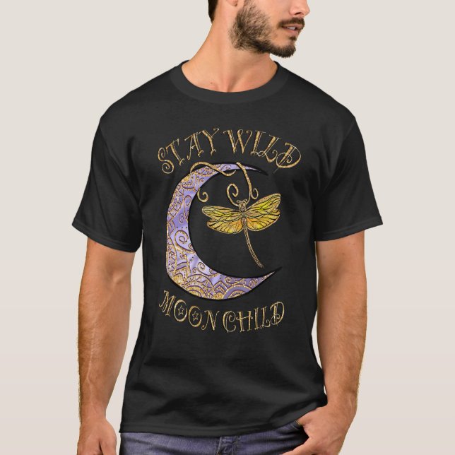 Camiseta Stay Wild Moon Child Hippie Crescent Moon Dragonfl (Frente)