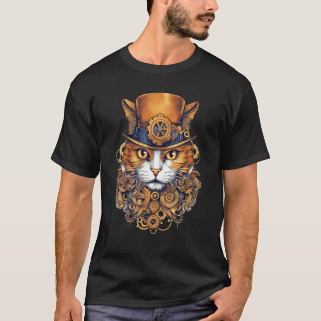 Camiseta Steampunk Cat Gears Graphic Design Cat  Fantasy 1 (Frente)