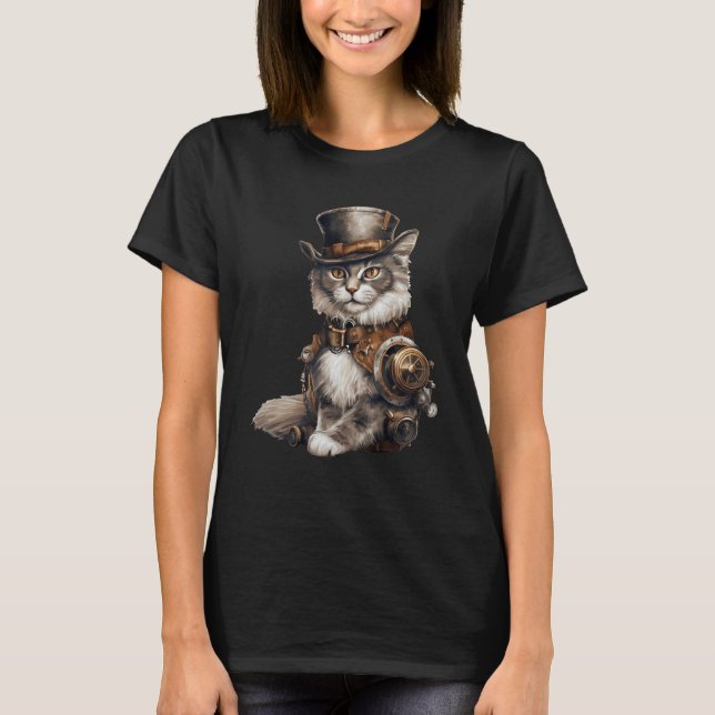 Camiseta Steampunk Cat With Hat Graphic Design Cat  Fantasy (Frente)