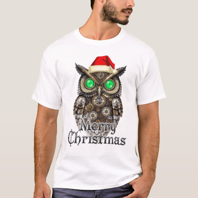 Camiseta Steampunk Christmas Owl: Vintage Brass & Emerald E (Frente)