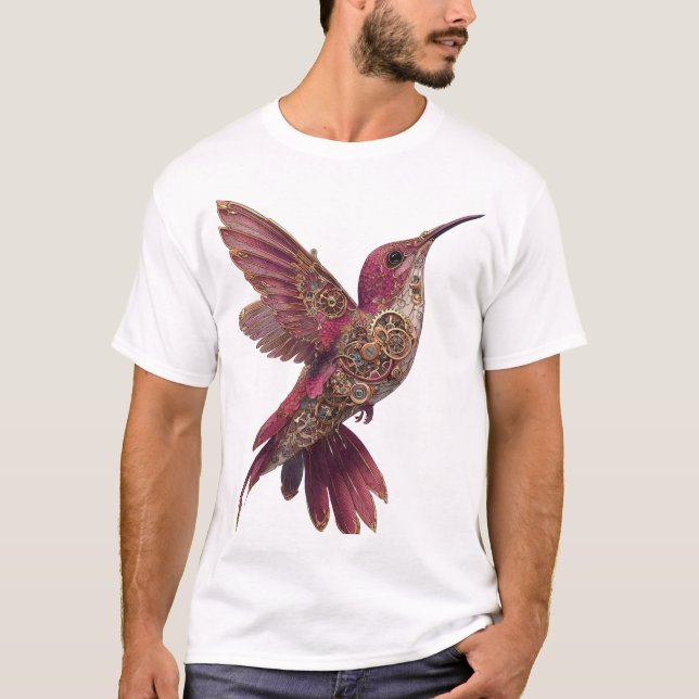 Camiseta Steampunk Hummingbird — Magenta & Brass Clockwork  (Frente)