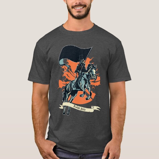 Camiseta Steampunk Plague Rider Doctor em Horseback com Fla (Frente)