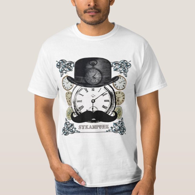 Camiseta Steampunk - tigres, bigodes e relógios de colagem (Frente)