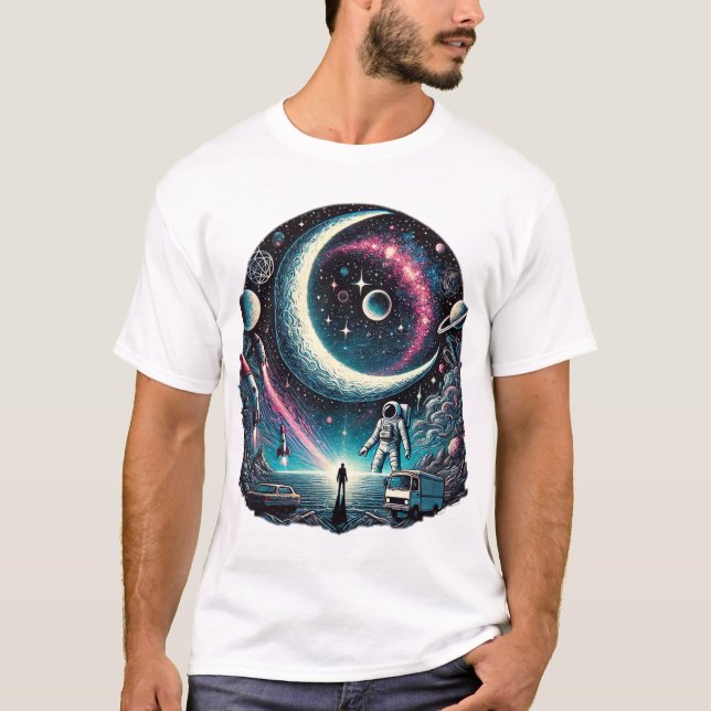 Camiseta Stellar Odissey: Embraço da gravidade e sussurros  (Frente)