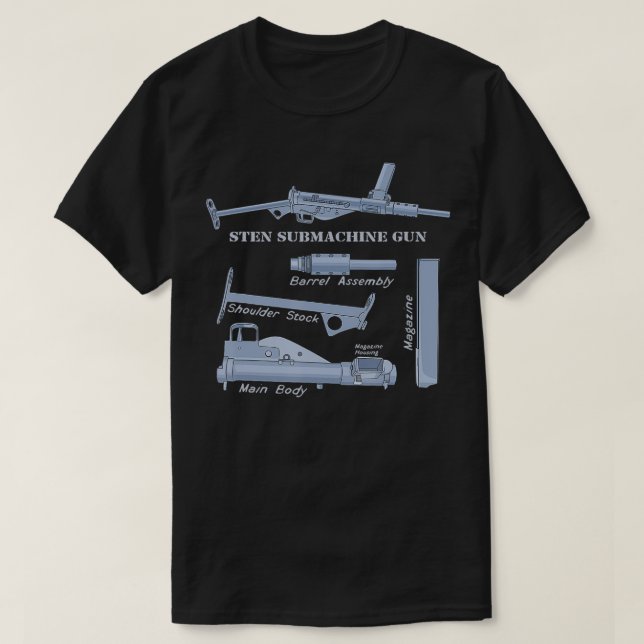 Camiseta Sten Gun British WW2 Submachine Guns Diagrama  (Frente do Design)