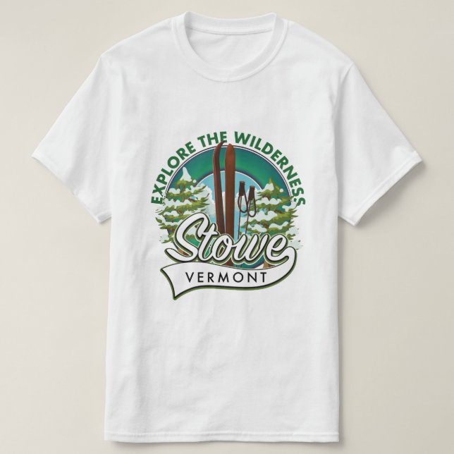 Camiseta Stowe Vermont, explora a poster de esqui de Wilder (Frente do Design)
