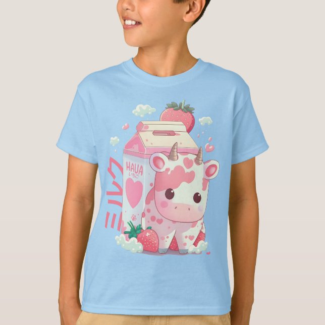Camiseta Strawberry milk Cow Cartonagem Cute Kawaii Japonês (Frente)