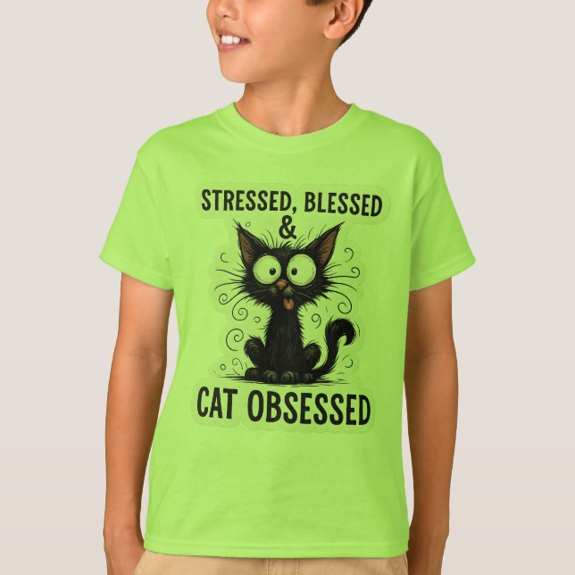 Camiseta Stressed Blessed & Cat Obsessed Funny Black Cat De (Frente)