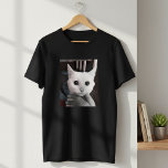Camiseta Striking White Cat with Big Eyes Men's Black<br><div class="desc">Make a bold statement with this "Striking White Cat with Big Eyes" men's black t-shirt! This captivating design features an adorable white cat with mesmerizing, large dark eyes, being gently petted. It's a truly unique and artistic feline portrait that's sure to turn heads and spark conversations. Perfect for cat dads,...</div>