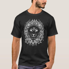 Camiseta Stylized White Line Art Lion Face Sun Motif