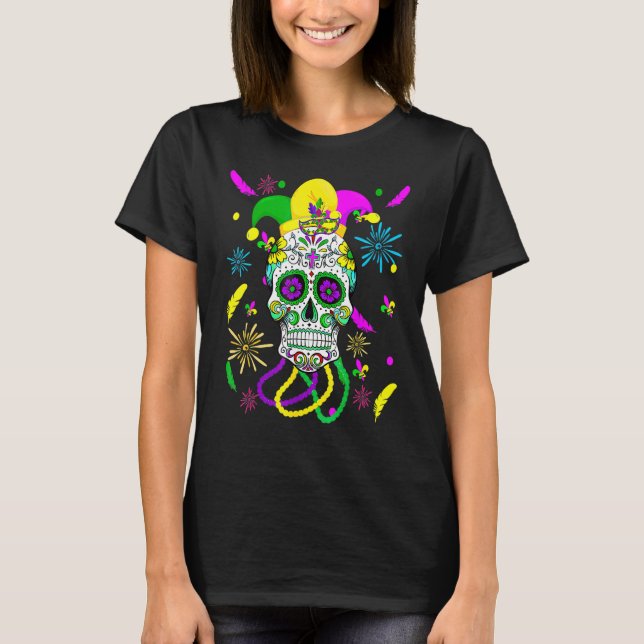 Camiseta Sugar Skull Carnival Mask Jester Hat Mardi Gras Gi (Frente)