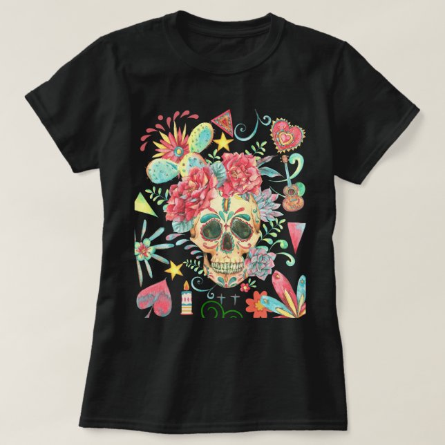 Camiseta Sugar Skull Fiesta of Colors (Frente do Design)