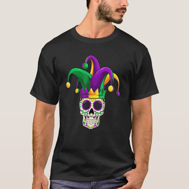 Camiseta Sugar Skull Jester Costume Mardi Gras, Homens Adul (Frente)