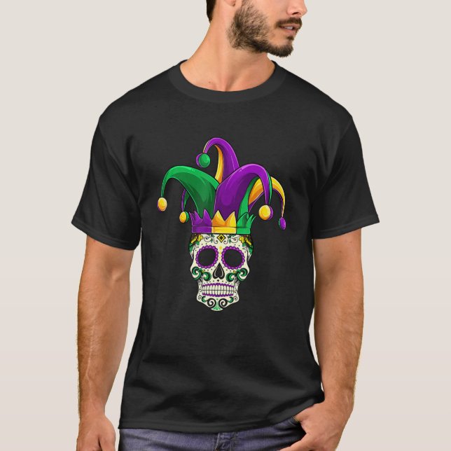 Camiseta Sugar Skull Mardi Gras, Jester Costume Men Women (Frente)