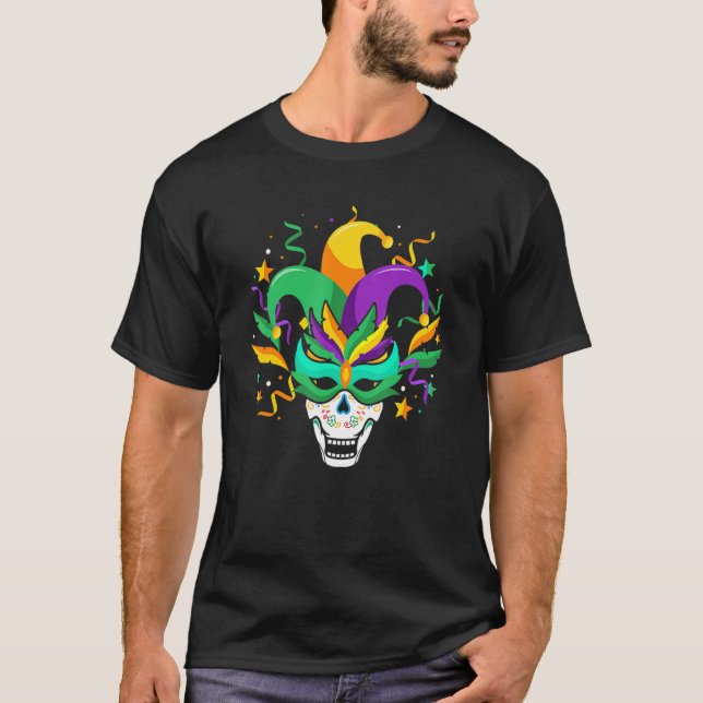 Camiseta Sugar Skull Mask Jester Hat Mardi Gras Carnival Ne (Frente)