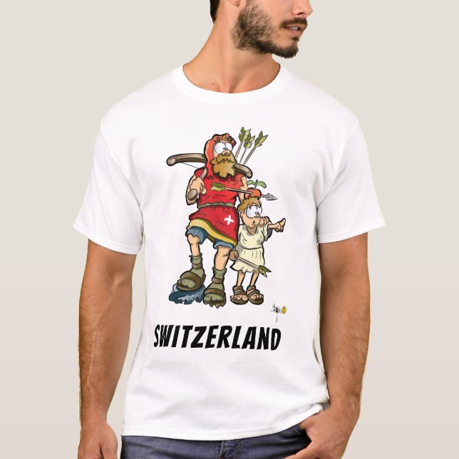Camiseta suíça com William Tell, seu filho e uma v (Frente)