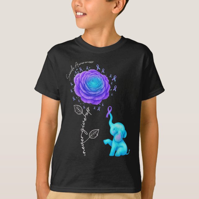 Camiseta Suicide Prevention Teal Purple Flower Elephant Rib (Frente)