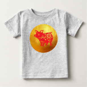 Camiseta Suíno Chinês Ano 2019 Papercut Red Baby Tee
