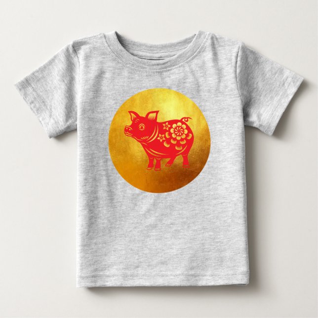 Camiseta Suíno Chinês - Ano 2019 - Papercut Red Baby Tee (Frente)