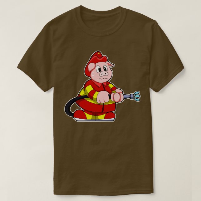 Camiseta Suíno como Bombeiro com extintor de incêndio 2 (Frente do Design)