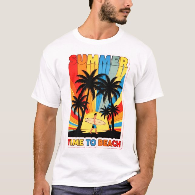 Camiseta Summer Beach Vibes Surfing Retro Sunset Design (Frente)