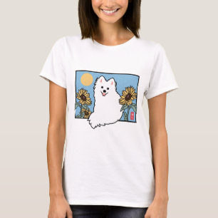 Camiseta Summer Happy Spitz Dog sentado com Sunflower