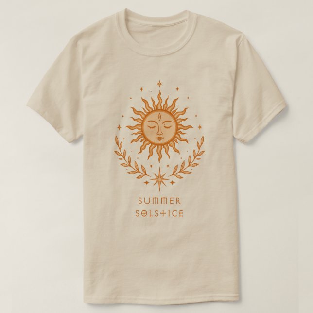 Camiseta Summer Solstice Celestial Sun Face Botanical Art (Frente do Design)