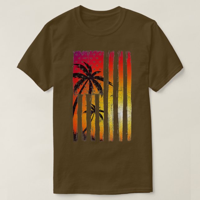 Camiseta Summer Sunset Palm Trees American Flag Primavera,  (Frente do Design)
