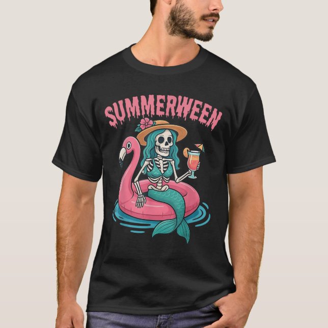 Camiseta Summerentre Mermaid Skeleton Beach Flamingo Hallow (Frente)